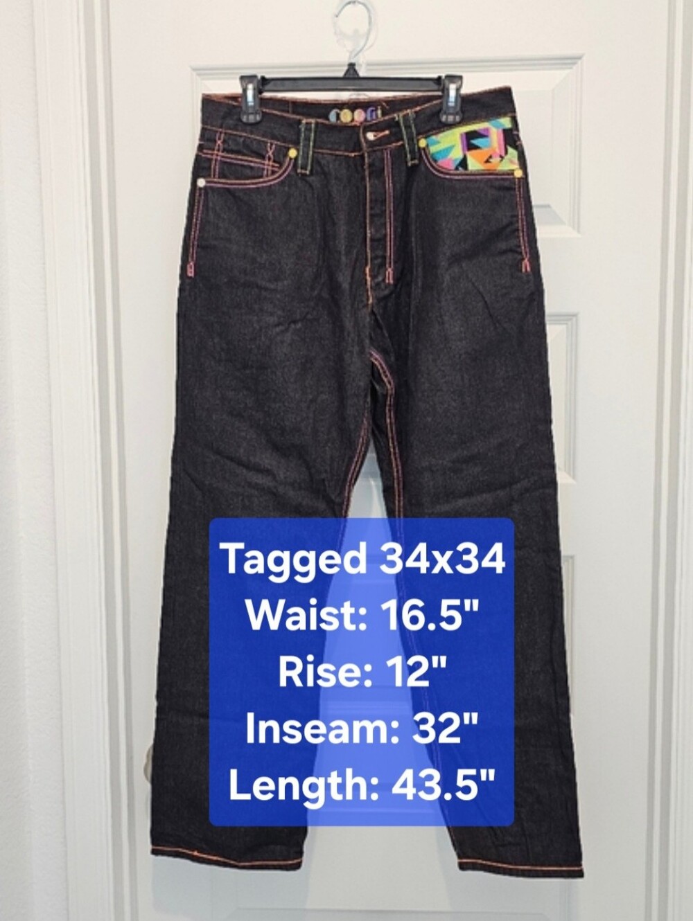 Coogi Vintage Y2K Baggy Jeans Dark Wash Multi Color Trim Tagged 34x34 Fits 33x32